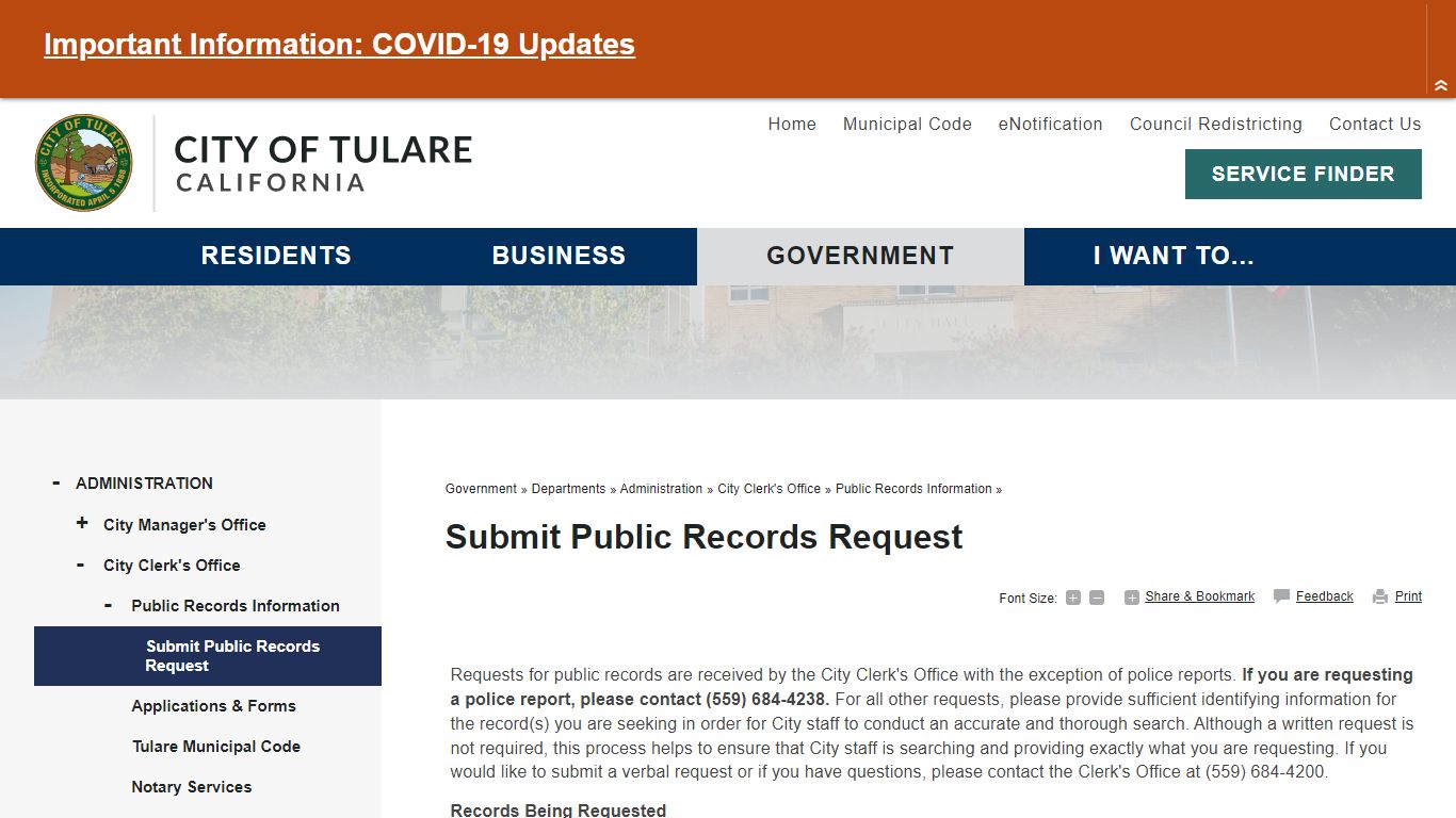 Submit Public Records Request | City of Tulare - California